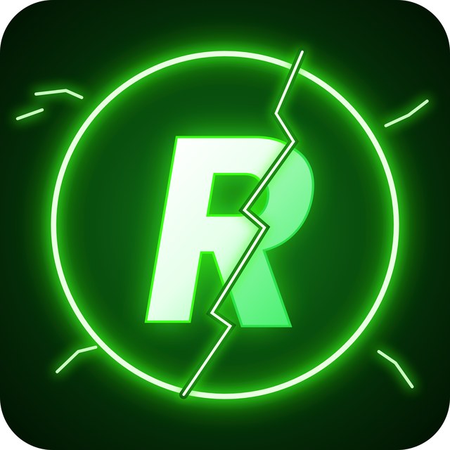 The RIFTBORN logo: a white letter R, split by a green lightning crack, inside a glowing green ring